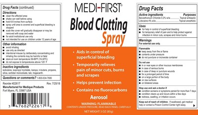 Medi First Blood Clotting Spray Label
